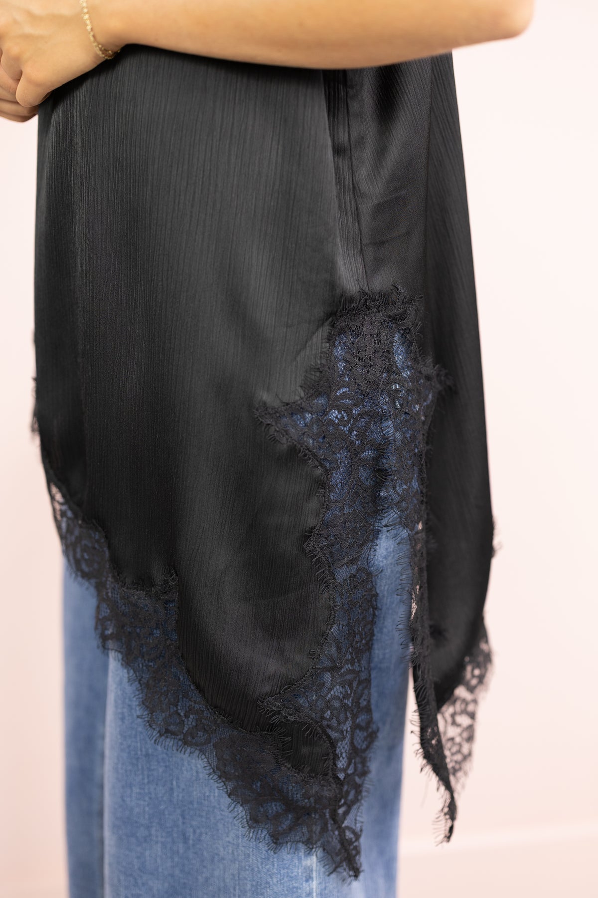 Asymmetrical Lace Hem Cami Black