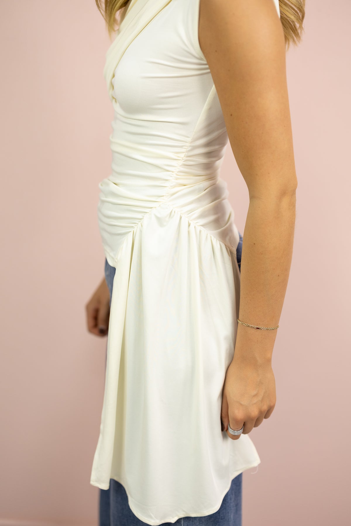 Mock Neck Hi-Low Ruched Top