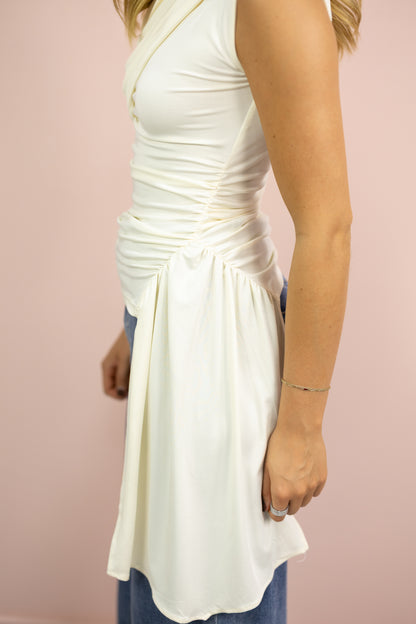 Mock Neck Hi-Low Ruched Top