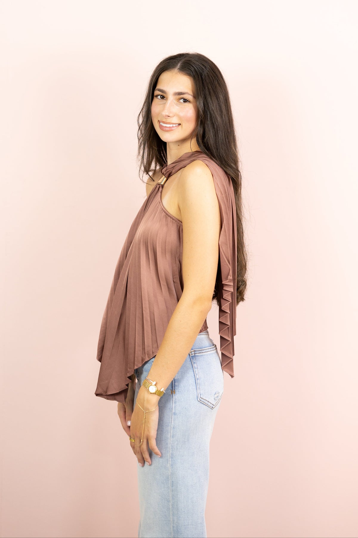 Pleated Satin Halter Top Rose