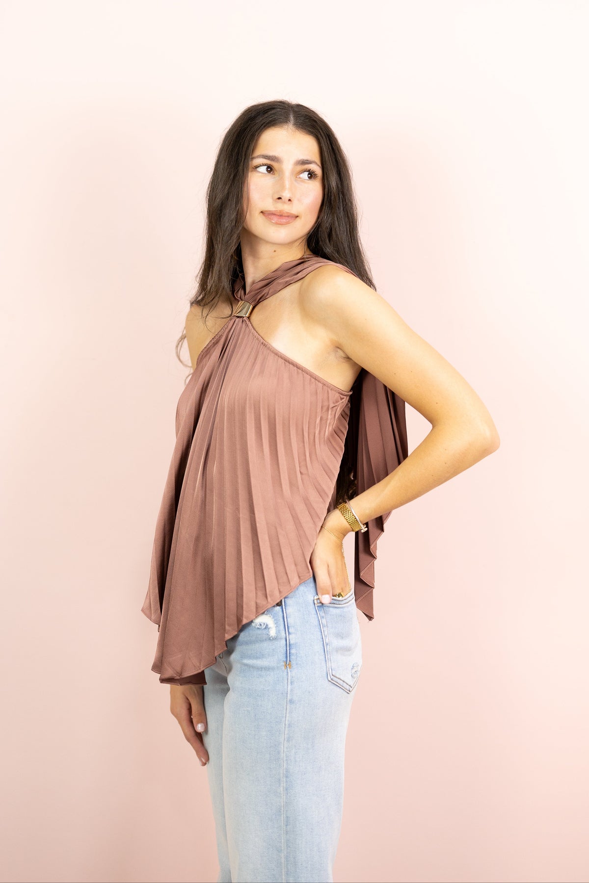 Pleated Satin Halter Top Rose
