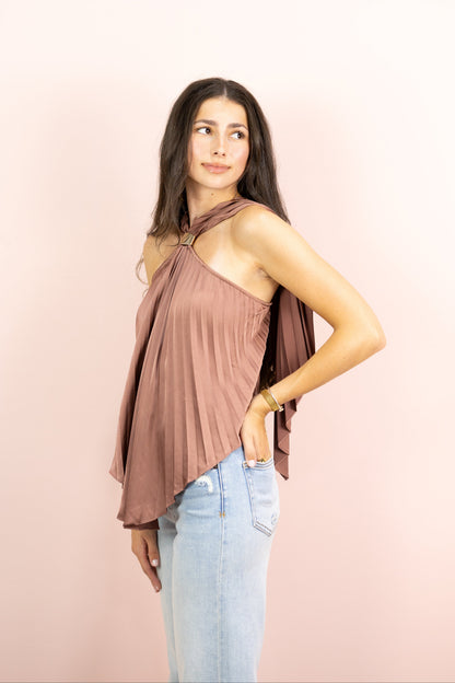Pleated Satin Halter Top Rose