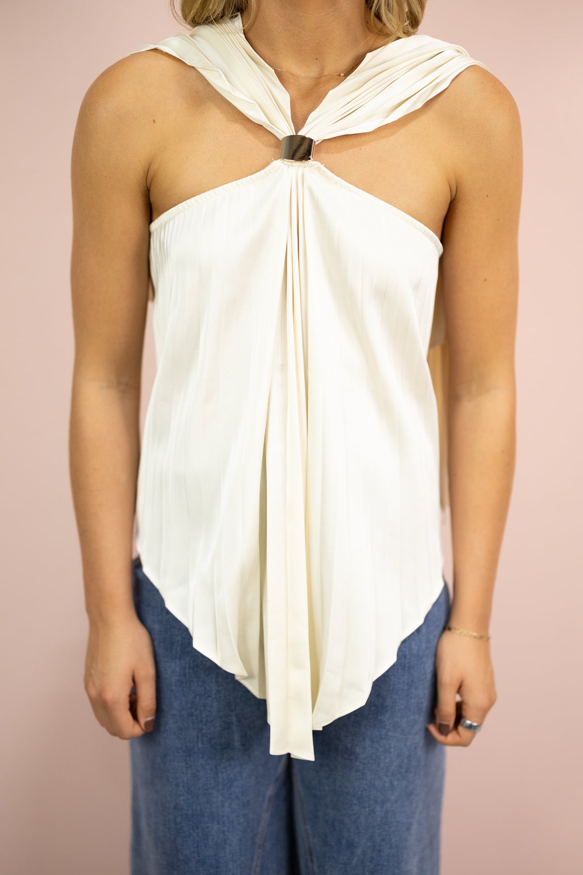 Pleated Satin Halter Top Cream