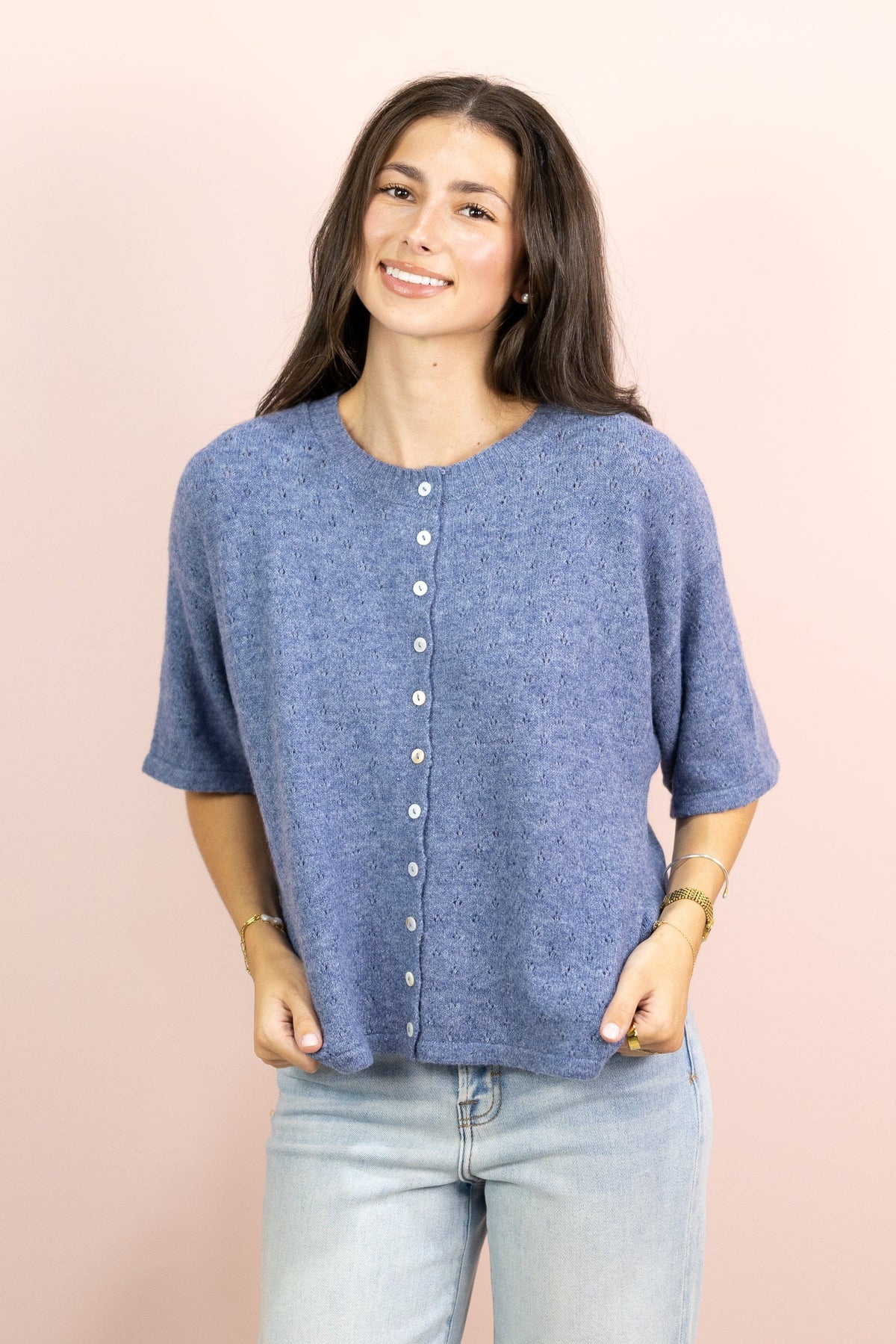Pointelle Short Sleeve Cardigan Denim