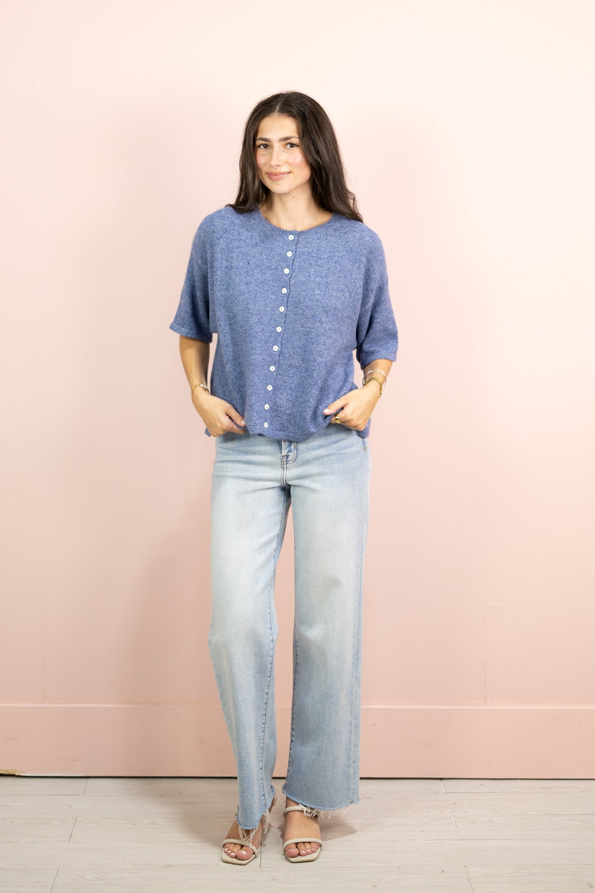 Pointelle Short Sleeve Cardigan Denim
