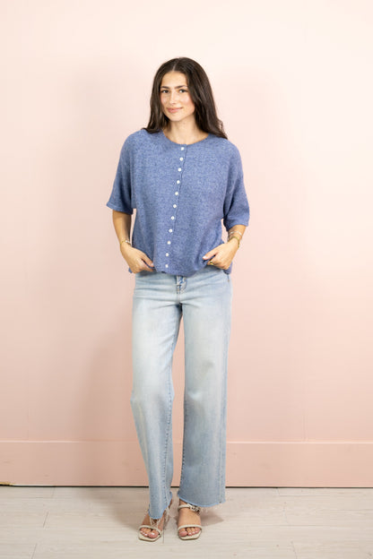 Pointelle Short Sleeve Cardigan Denim