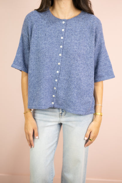Pointelle Short Sleeve Cardigan Denim
