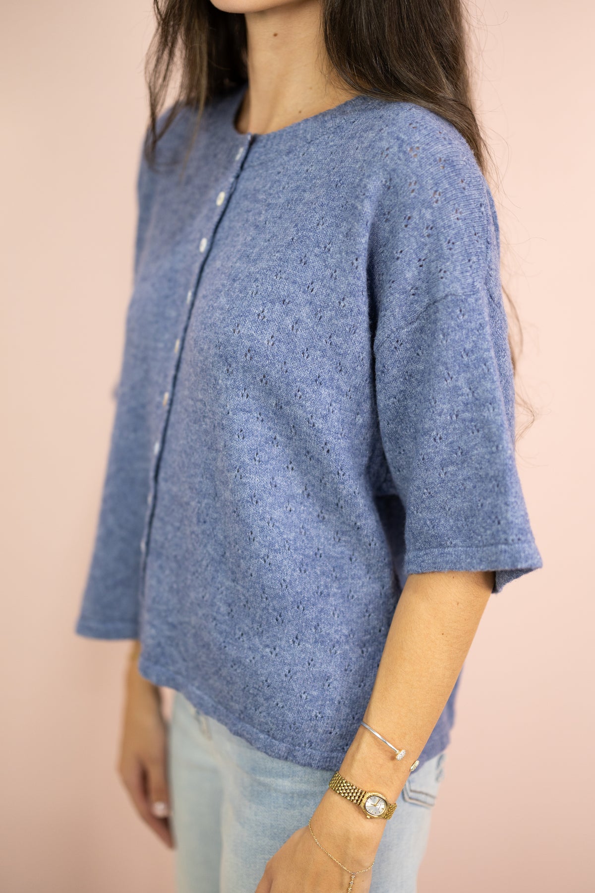 Pointelle Short Sleeve Cardigan Denim