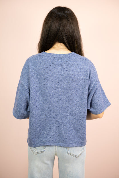 Pointelle Short Sleeve Cardigan Denim