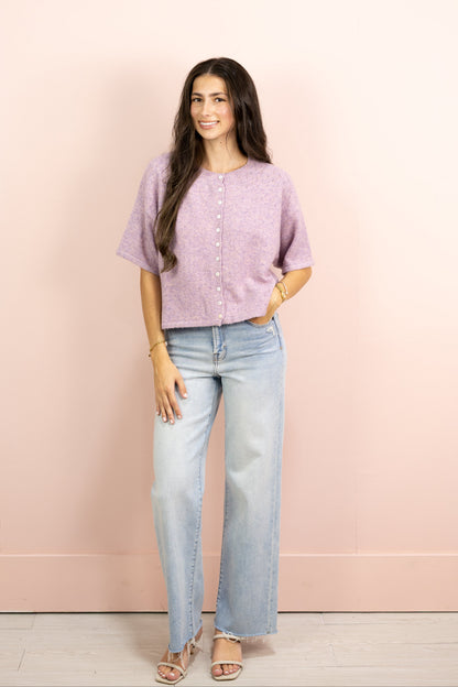 Pointelle Short Sleeve Cardigan Lilac