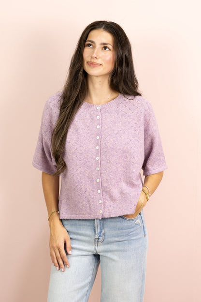 Pointelle Short Sleeve Cardigan Lilac