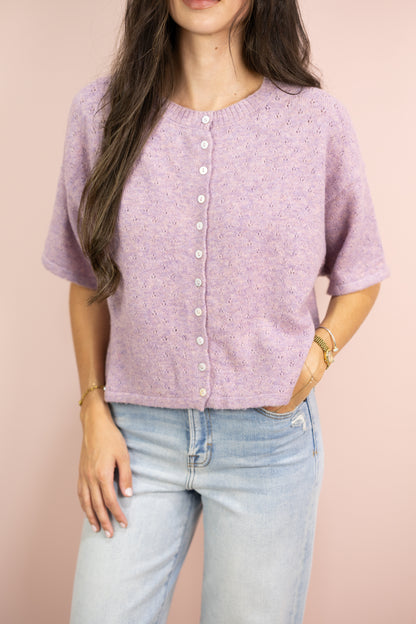 Pointelle Short Sleeve Cardigan Lilac
