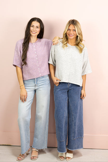 Pointelle Short Sleeve Cardigan Lilac