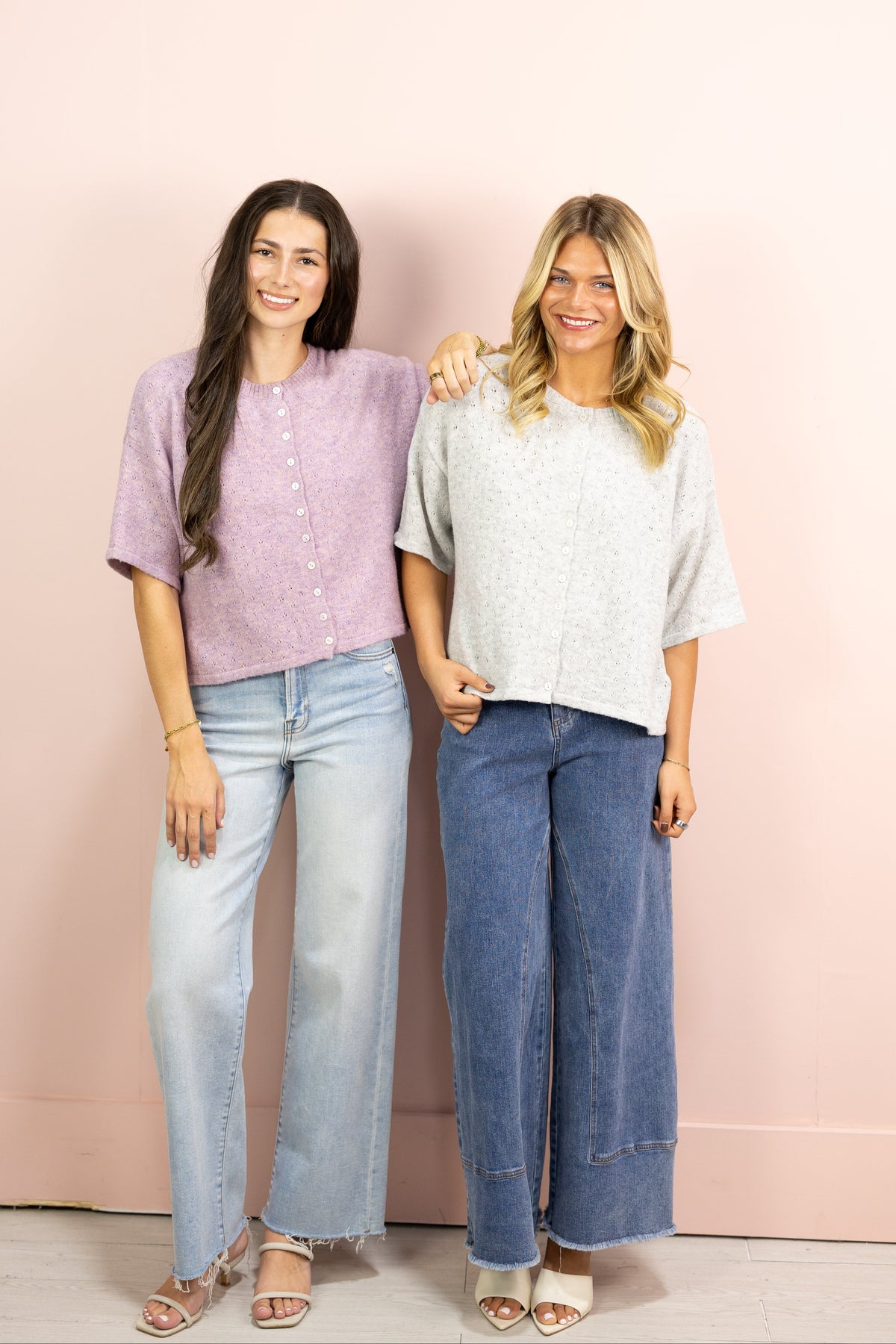 Pointelle Short Sleeve Cardigan Grey