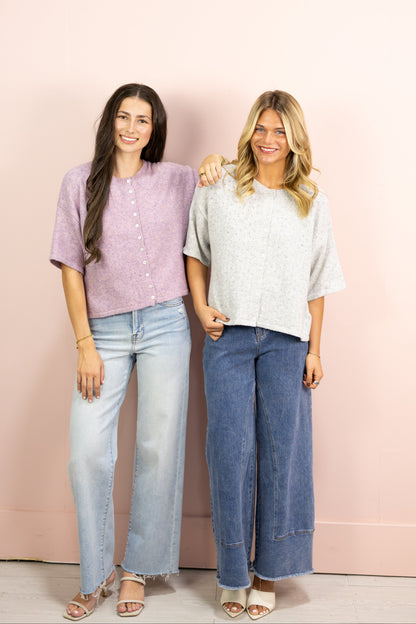 Pointelle Short Sleeve Cardigan Grey