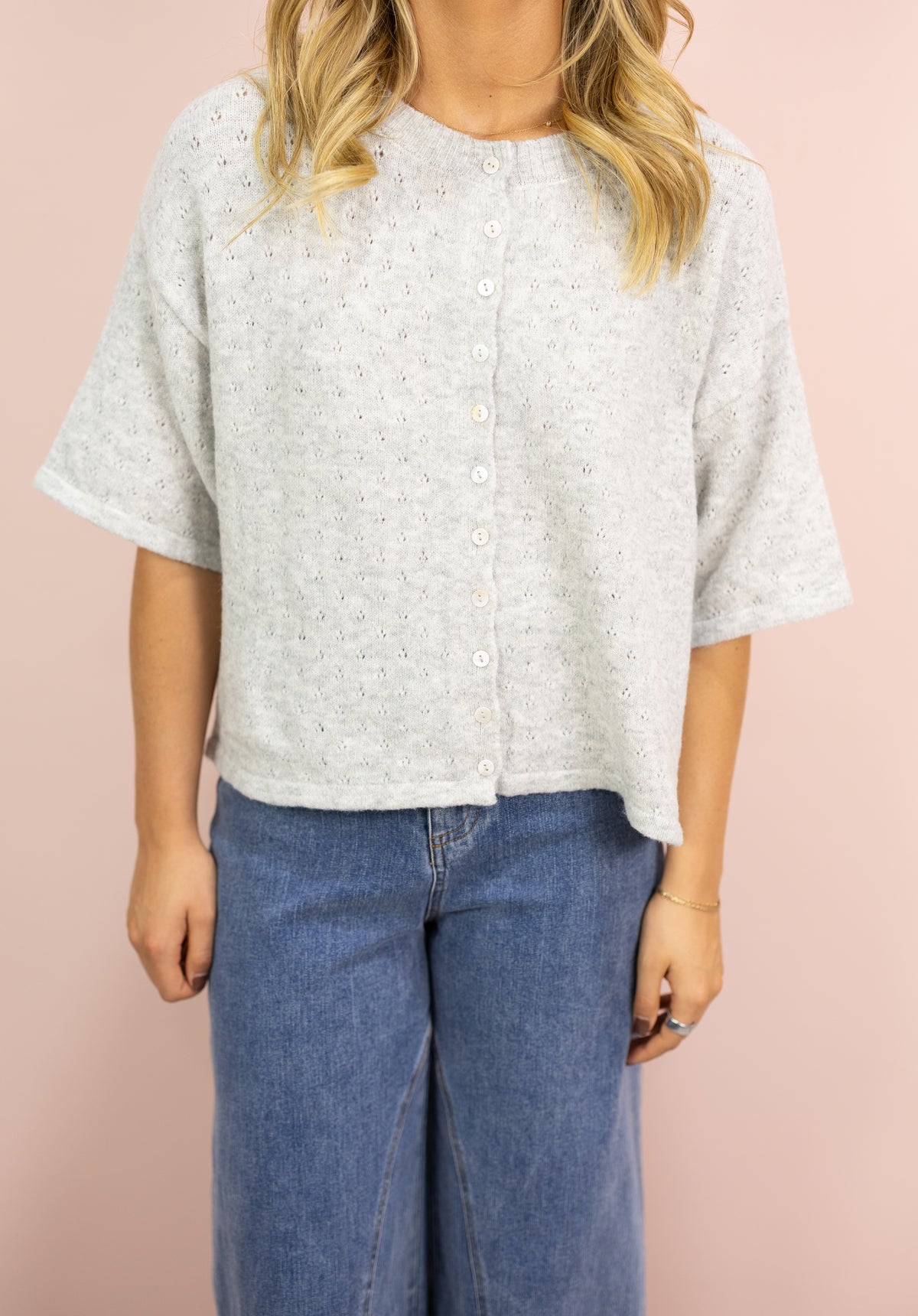 Pointelle Short Sleeve Cardigan Grey