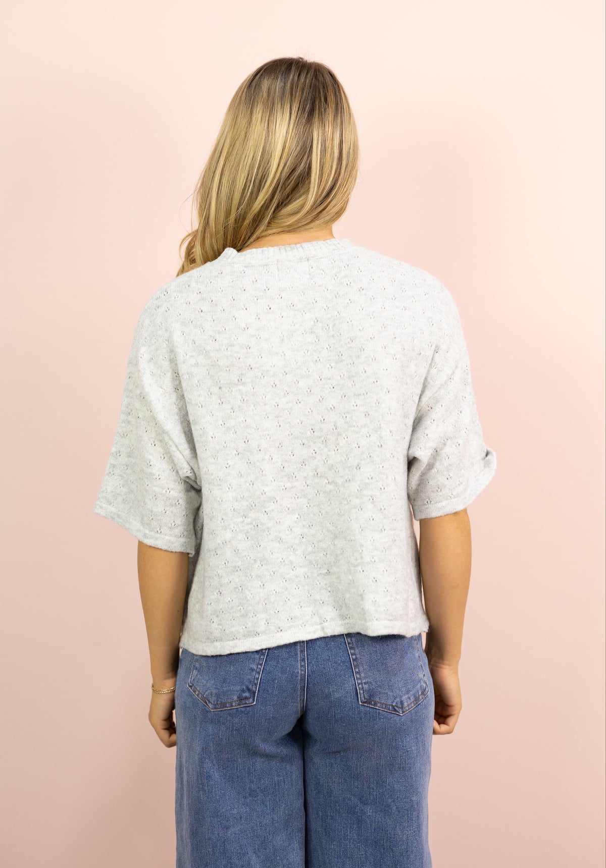 Pointelle Short Sleeve Cardigan Grey