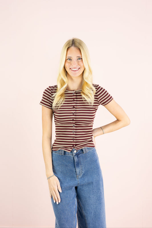 Striped Button Top Oxblood