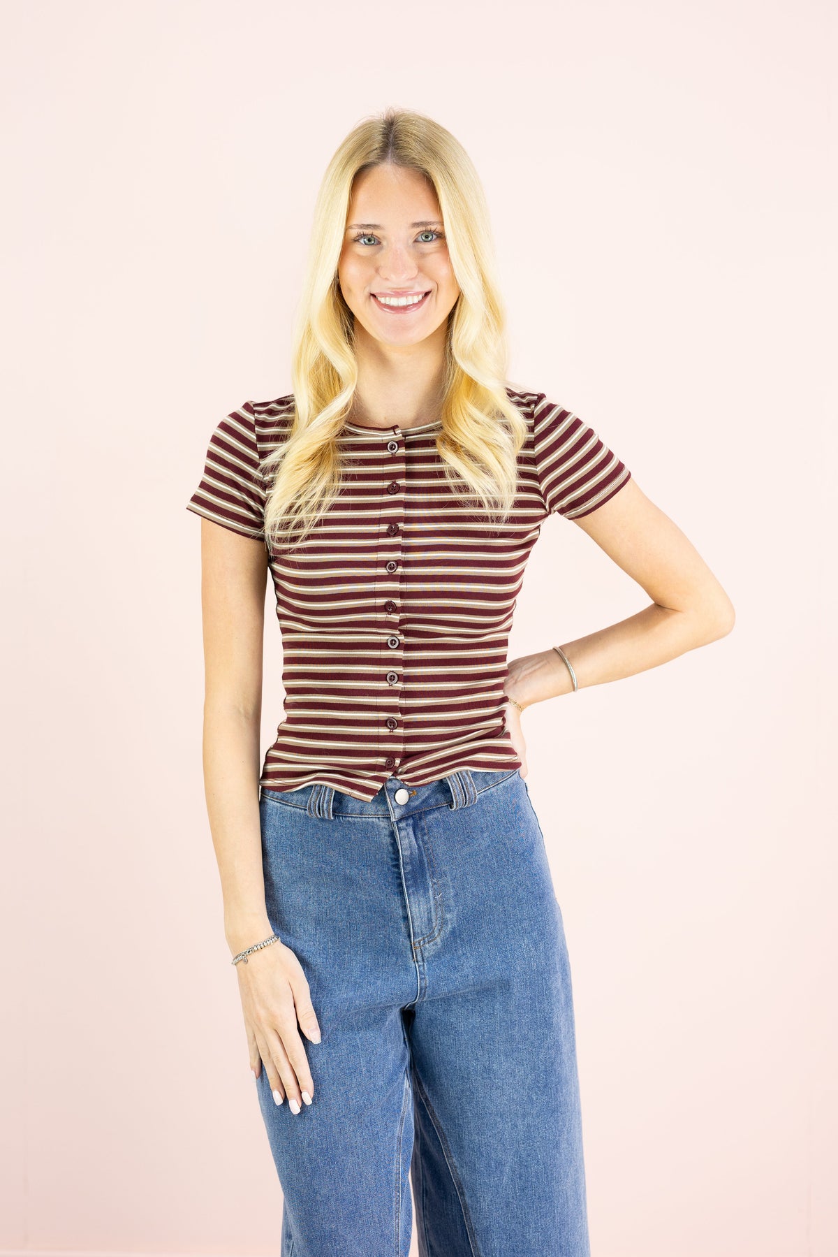 Striped Button Top Oxblood