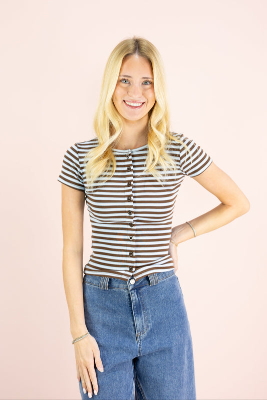 Striped Button Top Brown