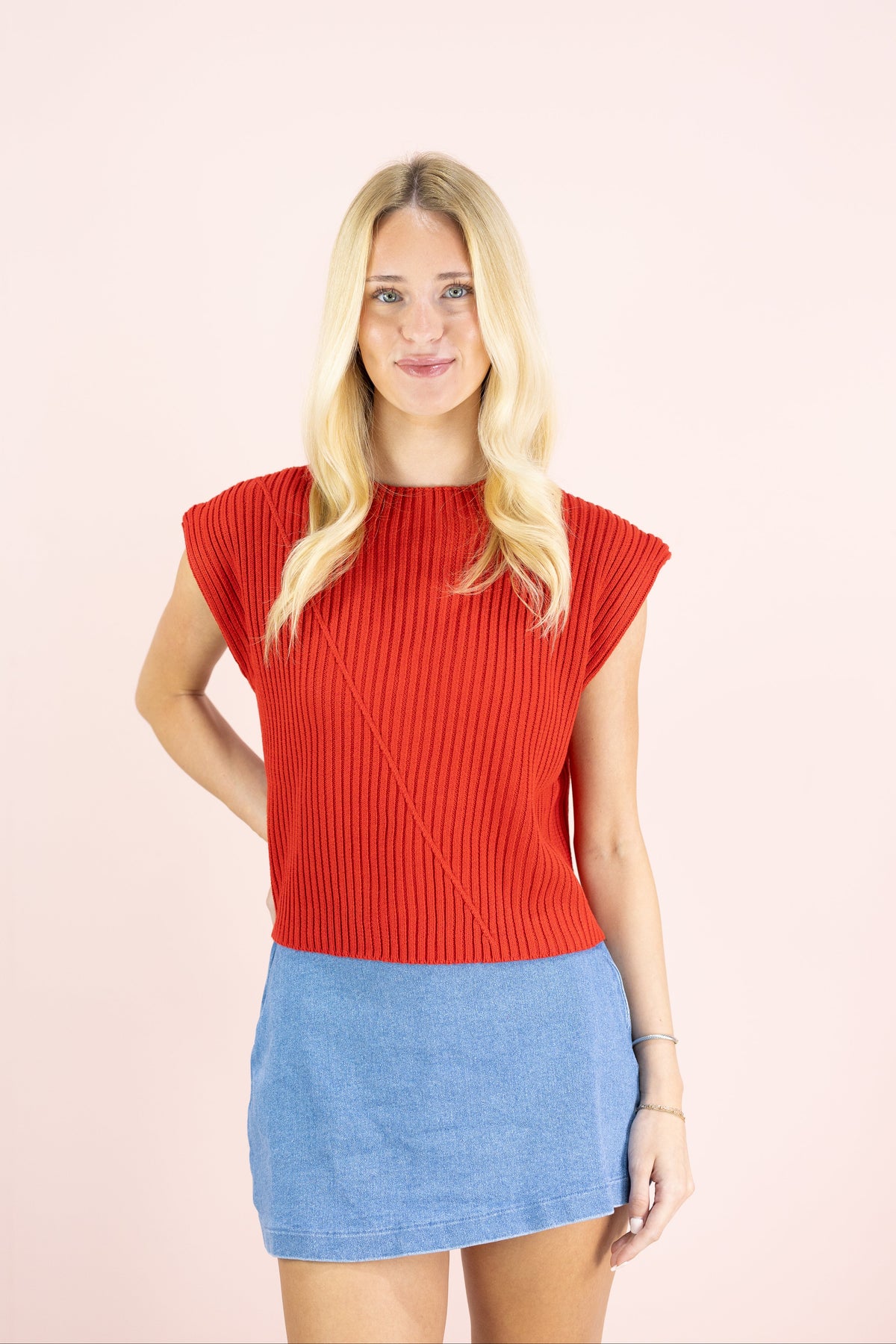 Red Ribbed Sweater Top