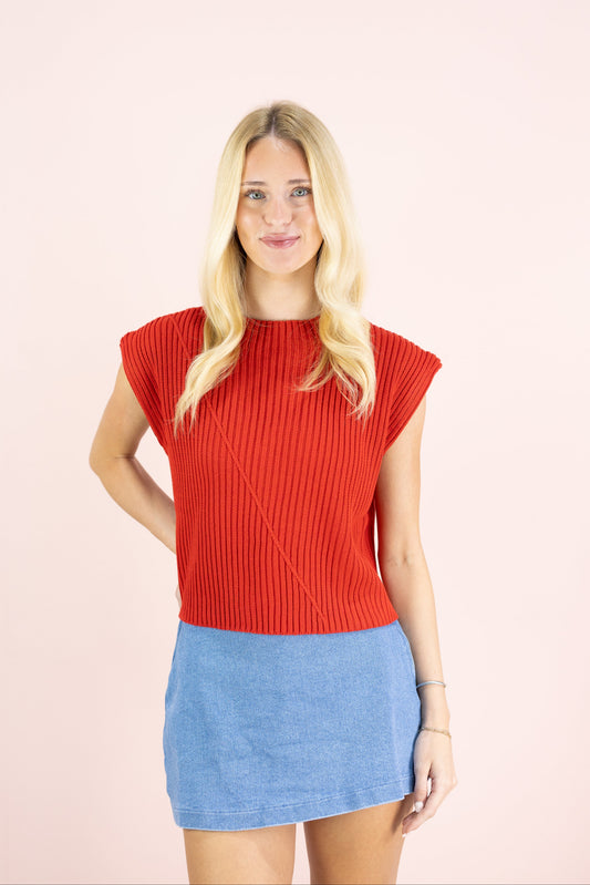 Red Ribbed Sweater Top