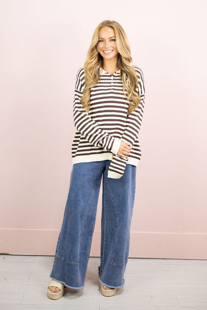 Collared Stripe Sweater Brown/Cream