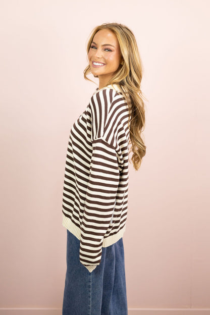 Collared Stripe Sweater Brown/Cream