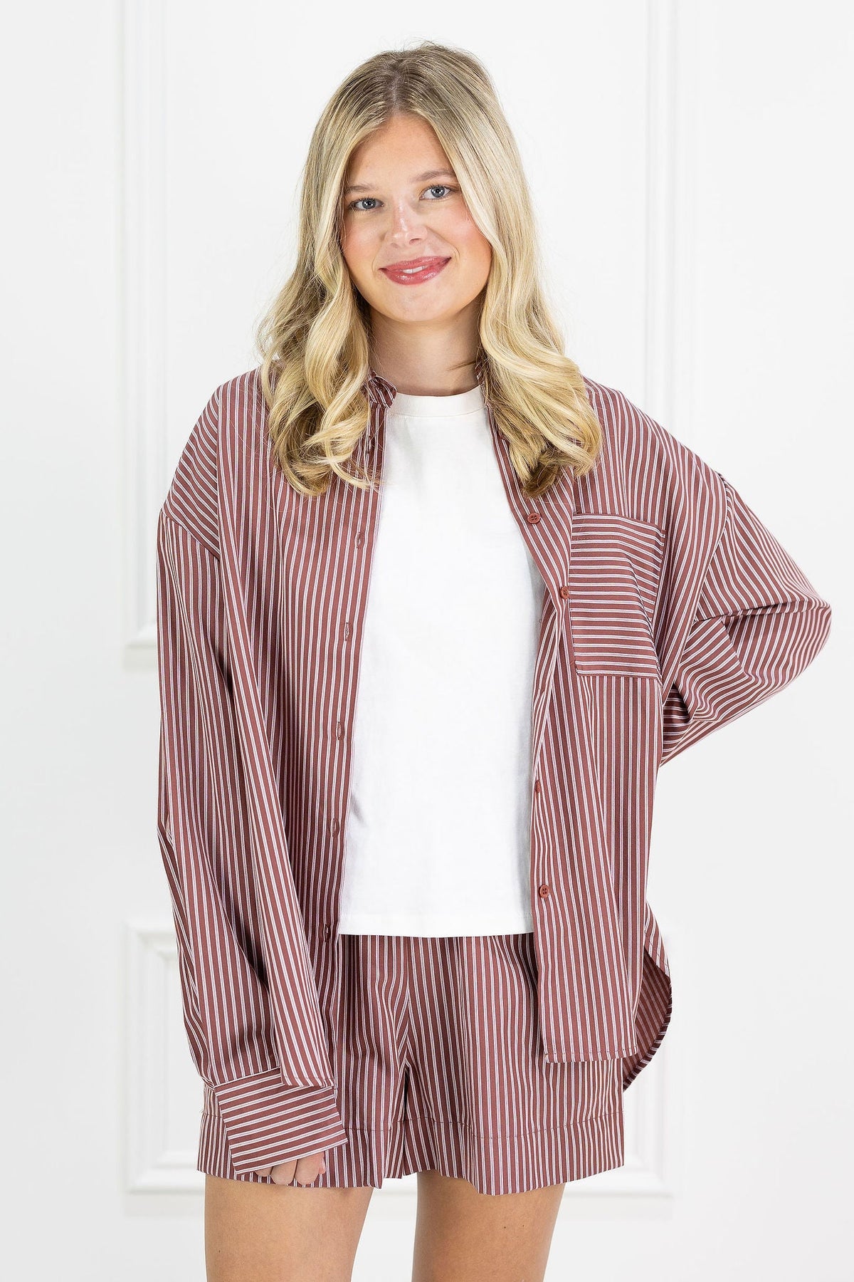 Burgundy Pinstripe Shirt & Shorts Set of 2