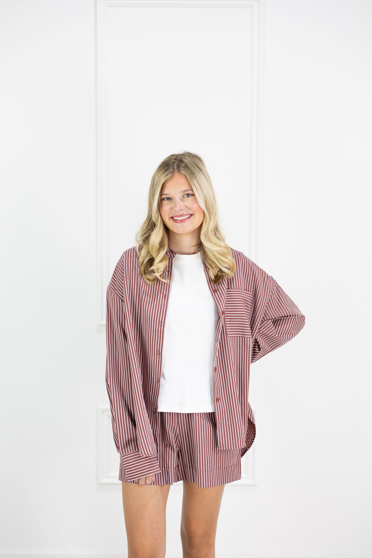 Burgundy Pinstripe Shirt & Shorts Set of 2