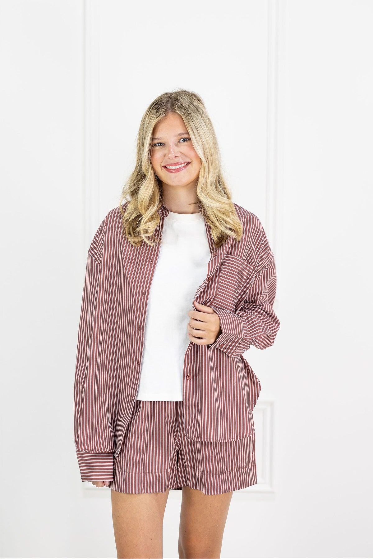 Burgundy Pinstripe Shirt & Shorts Set of 2