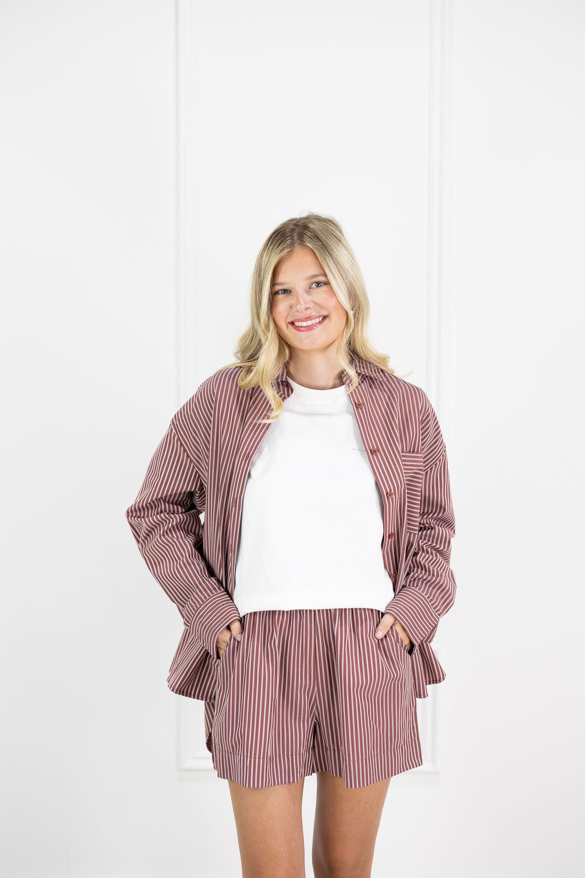Burgundy Pinstripe Shirt & Shorts Set of 2