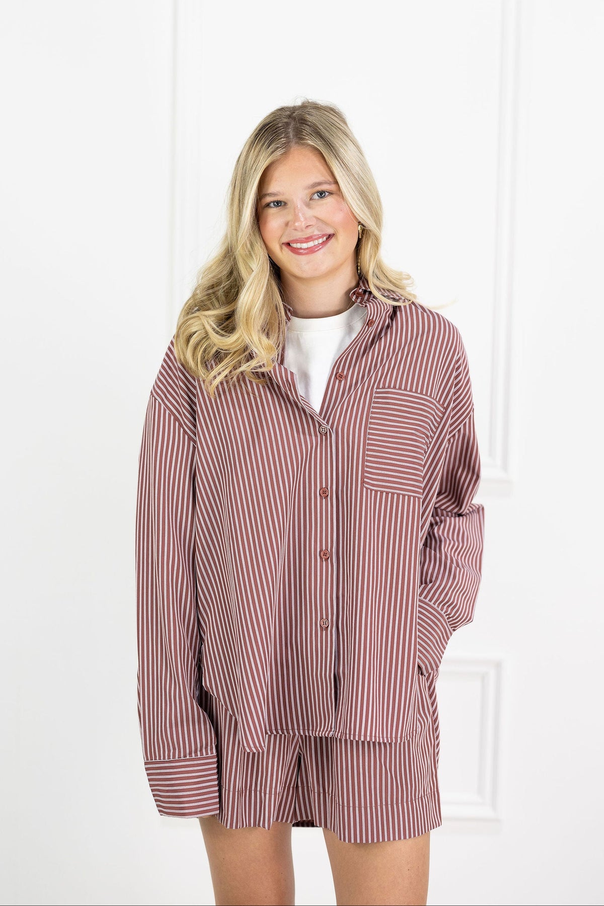 Burgundy Pinstripe Shirt & Shorts Set of 2