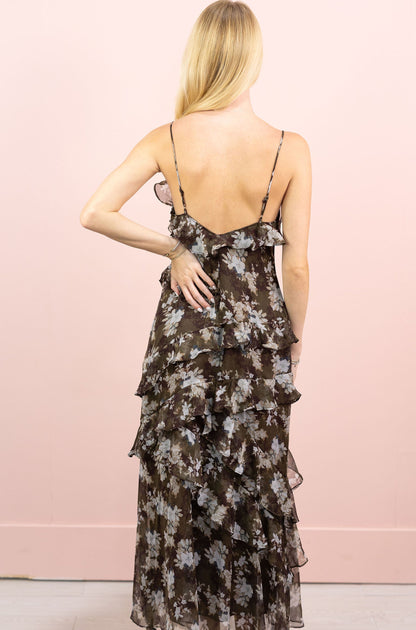 Brown/Black Floral Ruffle Maxi Dress