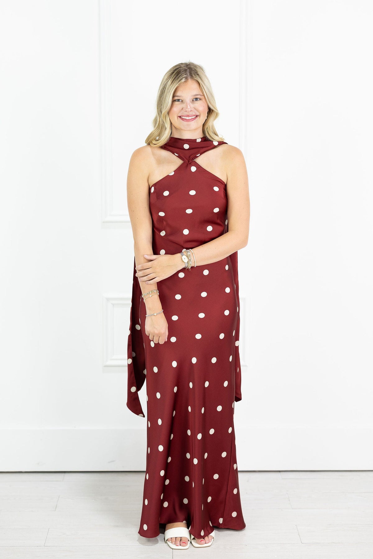 Magdalena Polka Dot Maxi Dress w/ Scarf