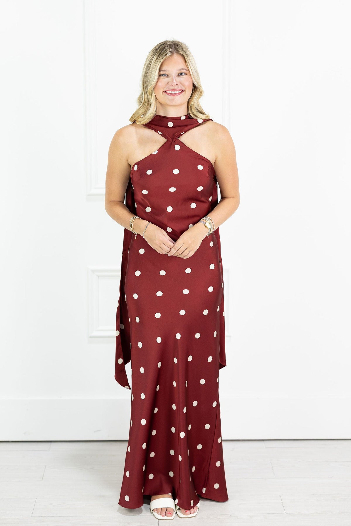 Magdalena Polka Dot Maxi Dress w/ Scarf
