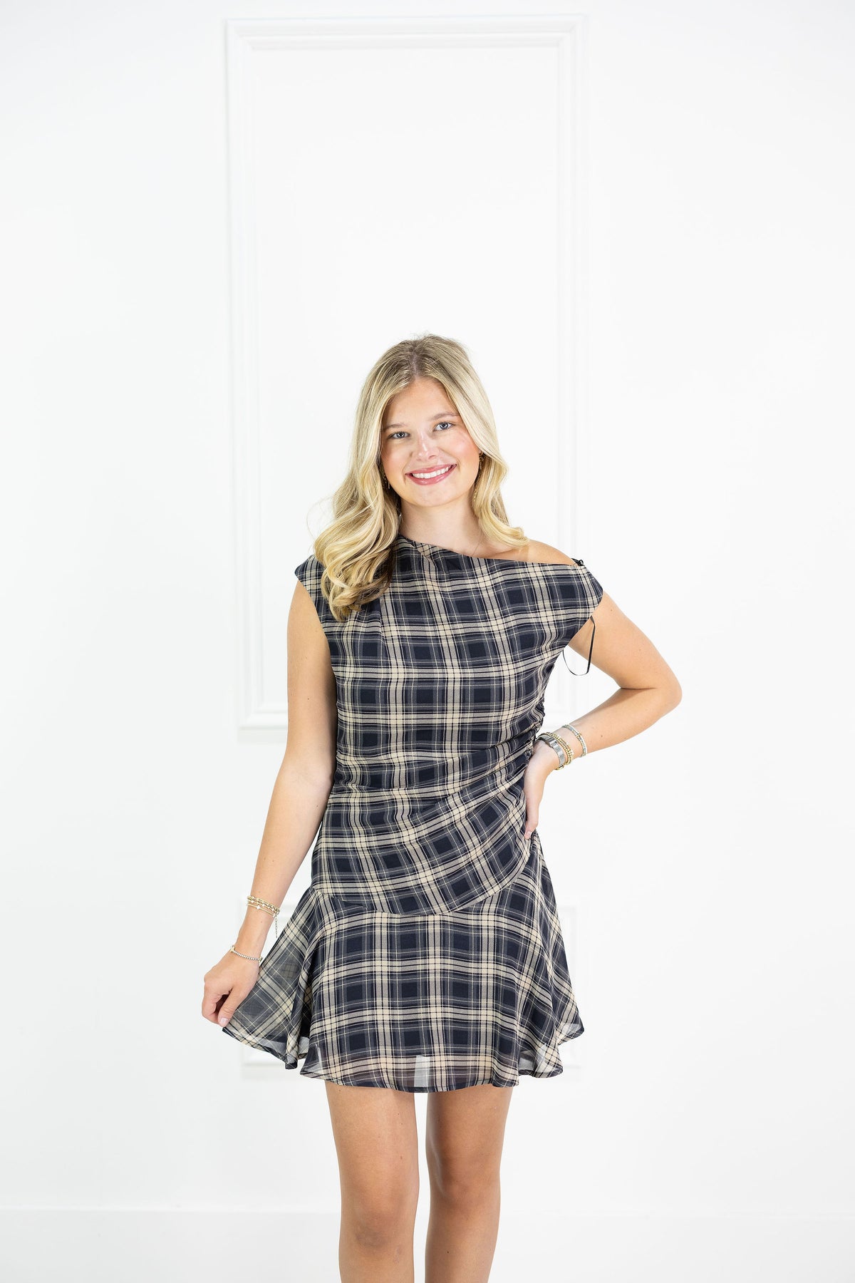Plaid Ruffle Off Shoulder Dress