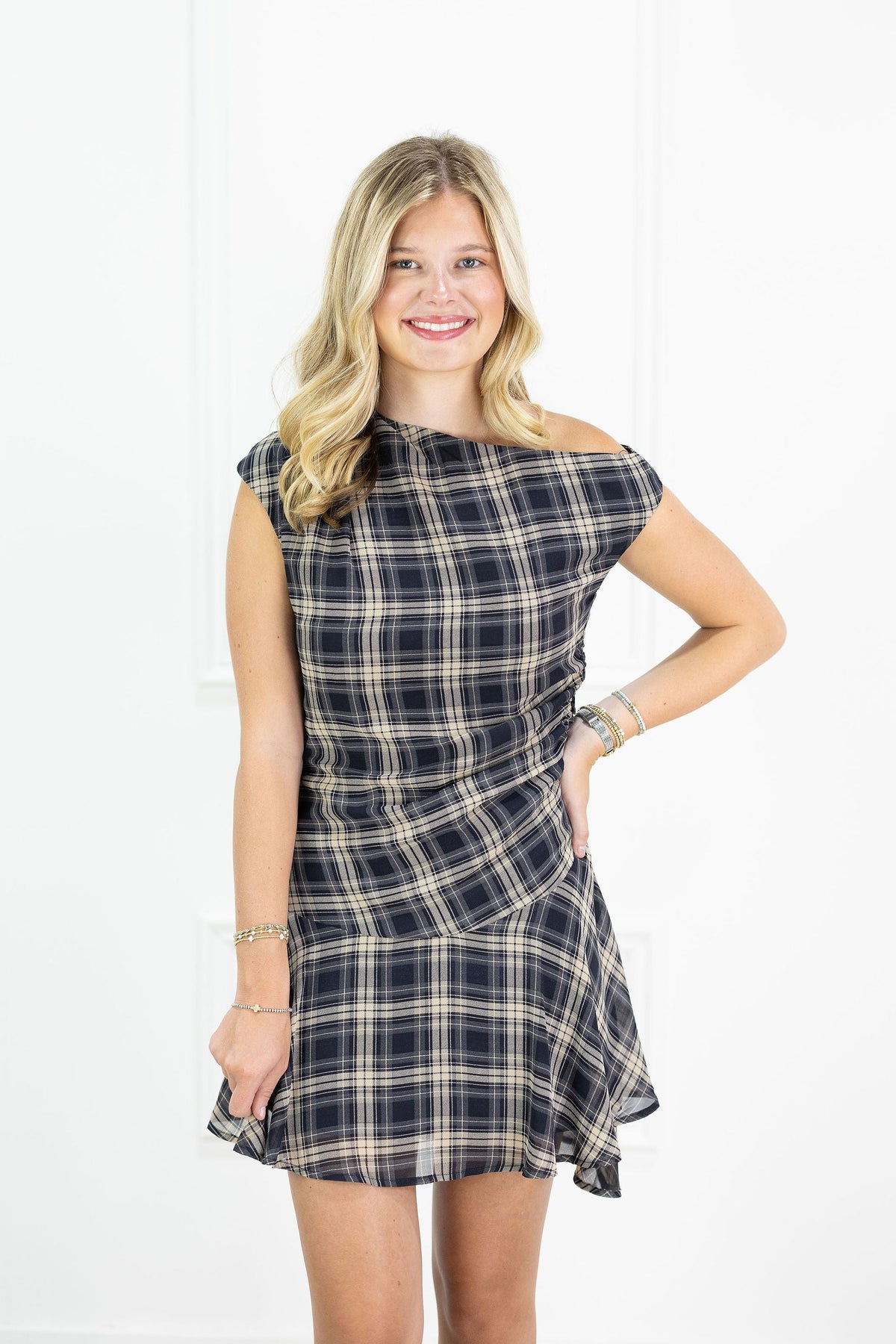 Plaid Ruffle Off Shoulder Dress