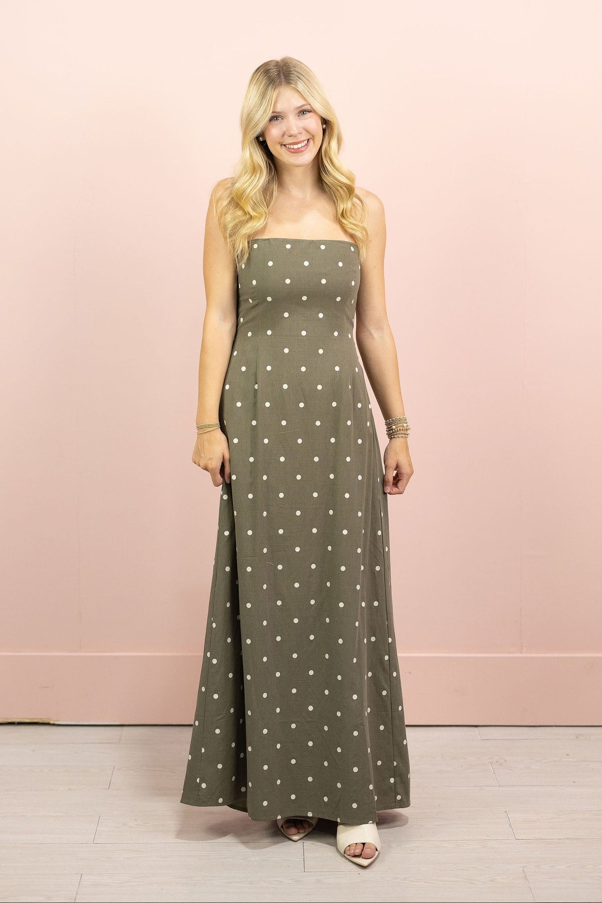 Olive Polka Dot Strapless Maxi Dress