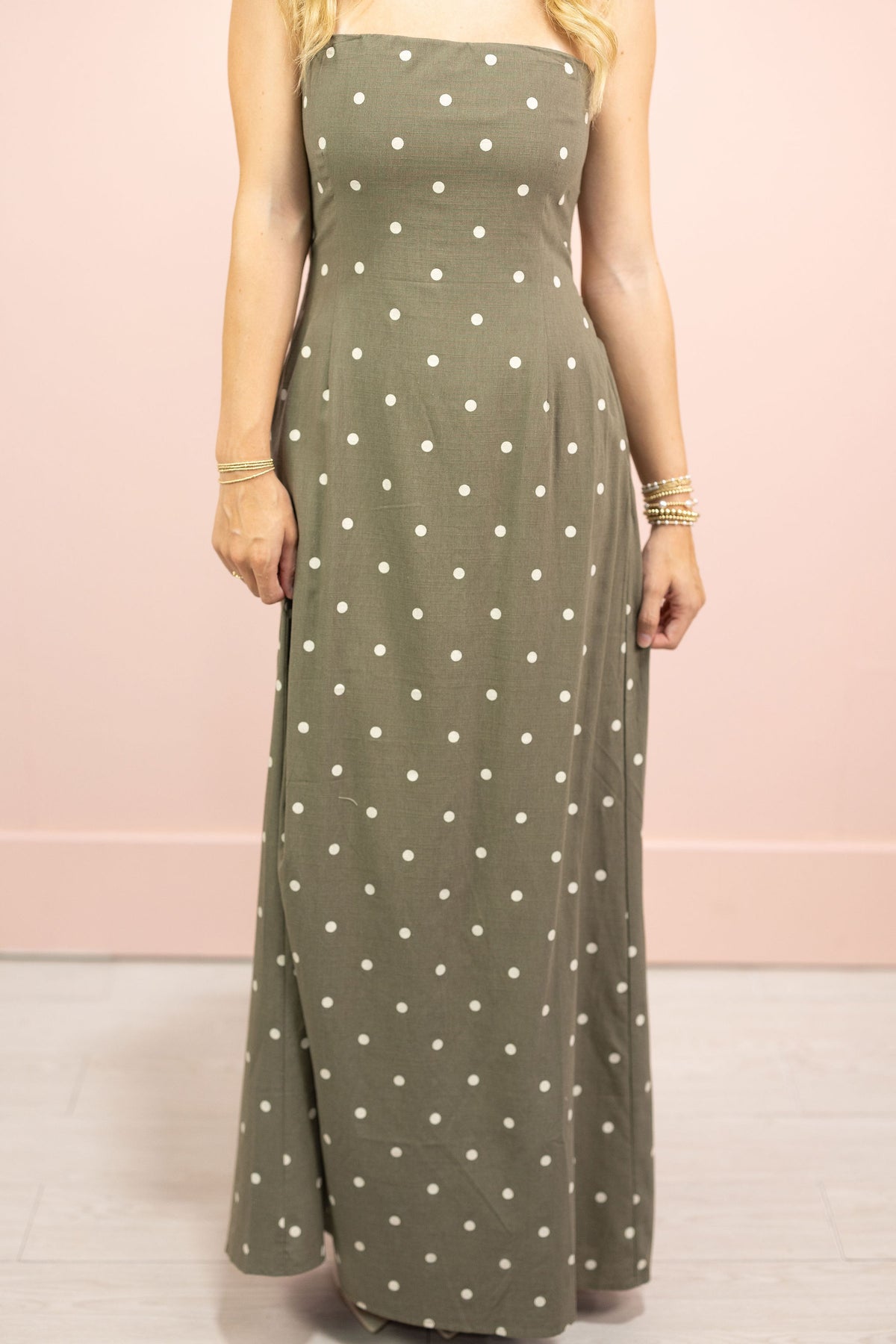 Olive Polka Dot Strapless Maxi Dress