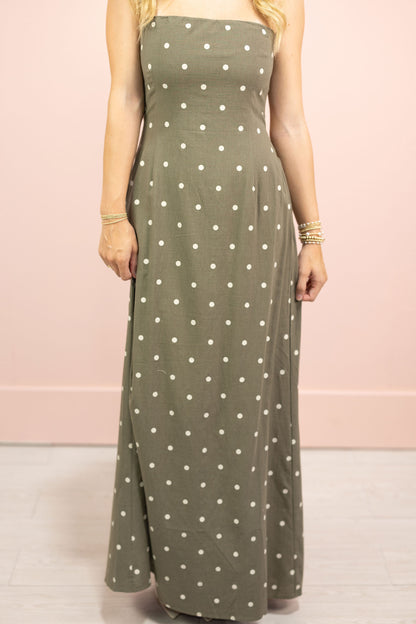 Olive Polka Dot Strapless Maxi Dress