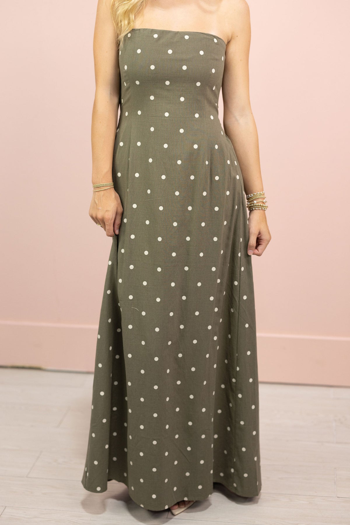 Olive Polka Dot Strapless Maxi Dress