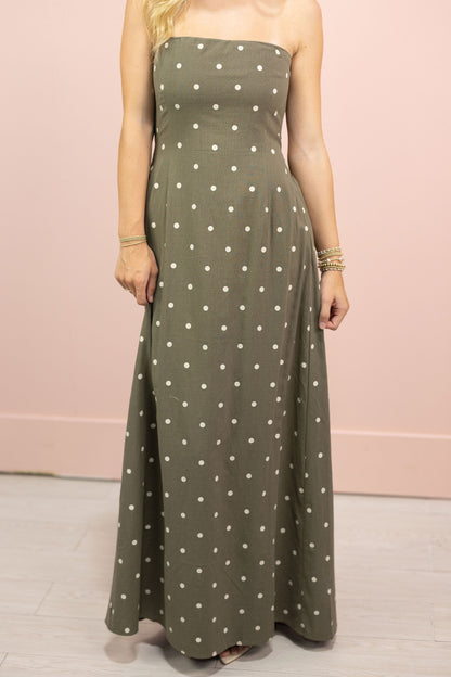 Olive Polka Dot Strapless Maxi Dress
