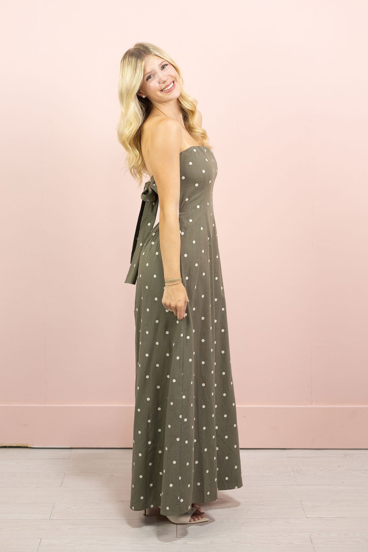 Olive Polka Dot Strapless Maxi Dress