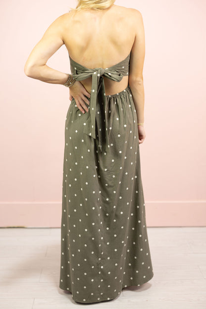 Olive Polka Dot Strapless Maxi Dress