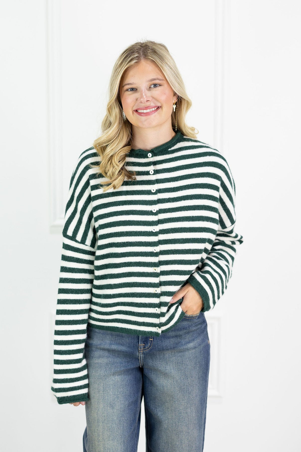 Button Down Cardi Forest Stripes