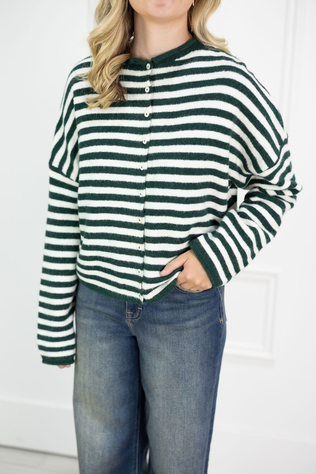 Button Down Cardi Forest Stripes