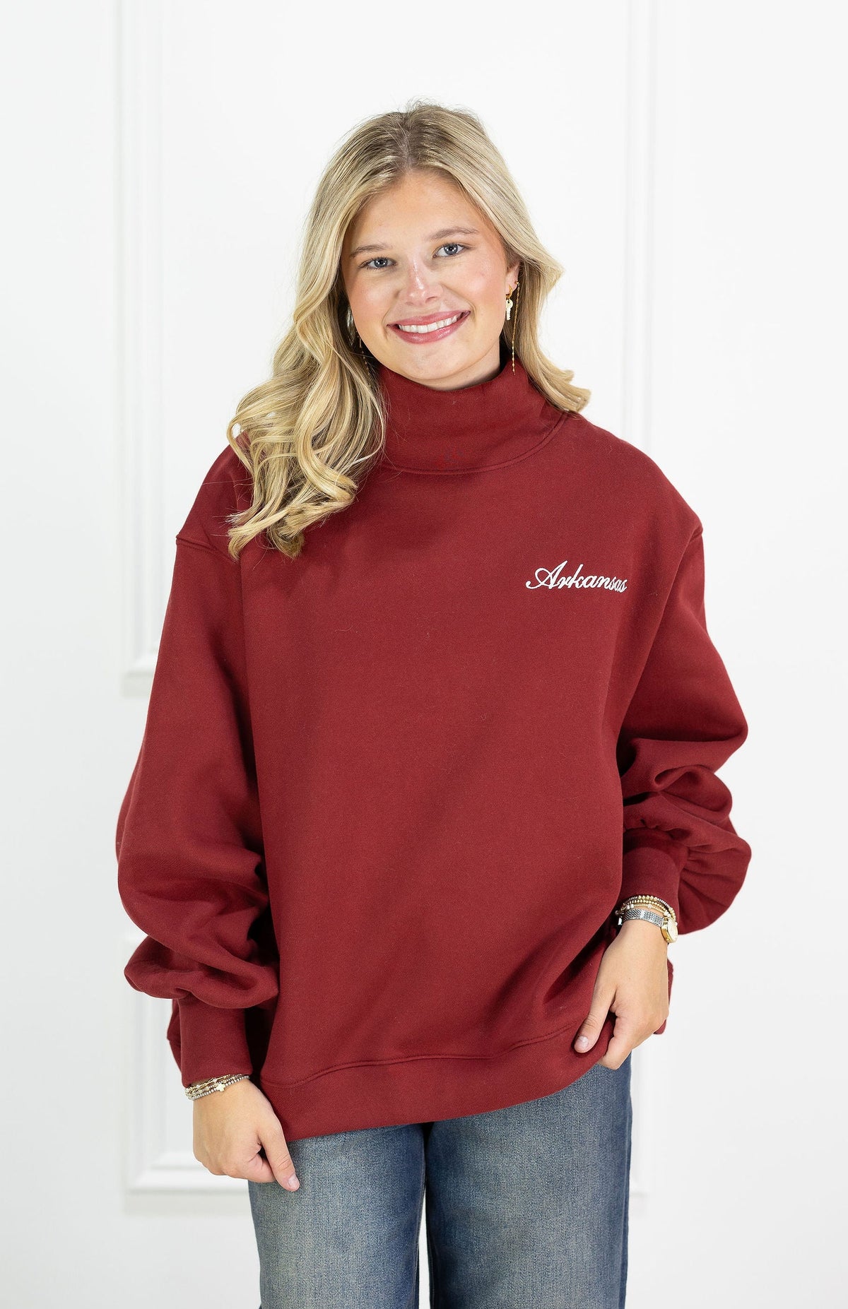 Arkansas Cursive Embroidered Mock Neck
