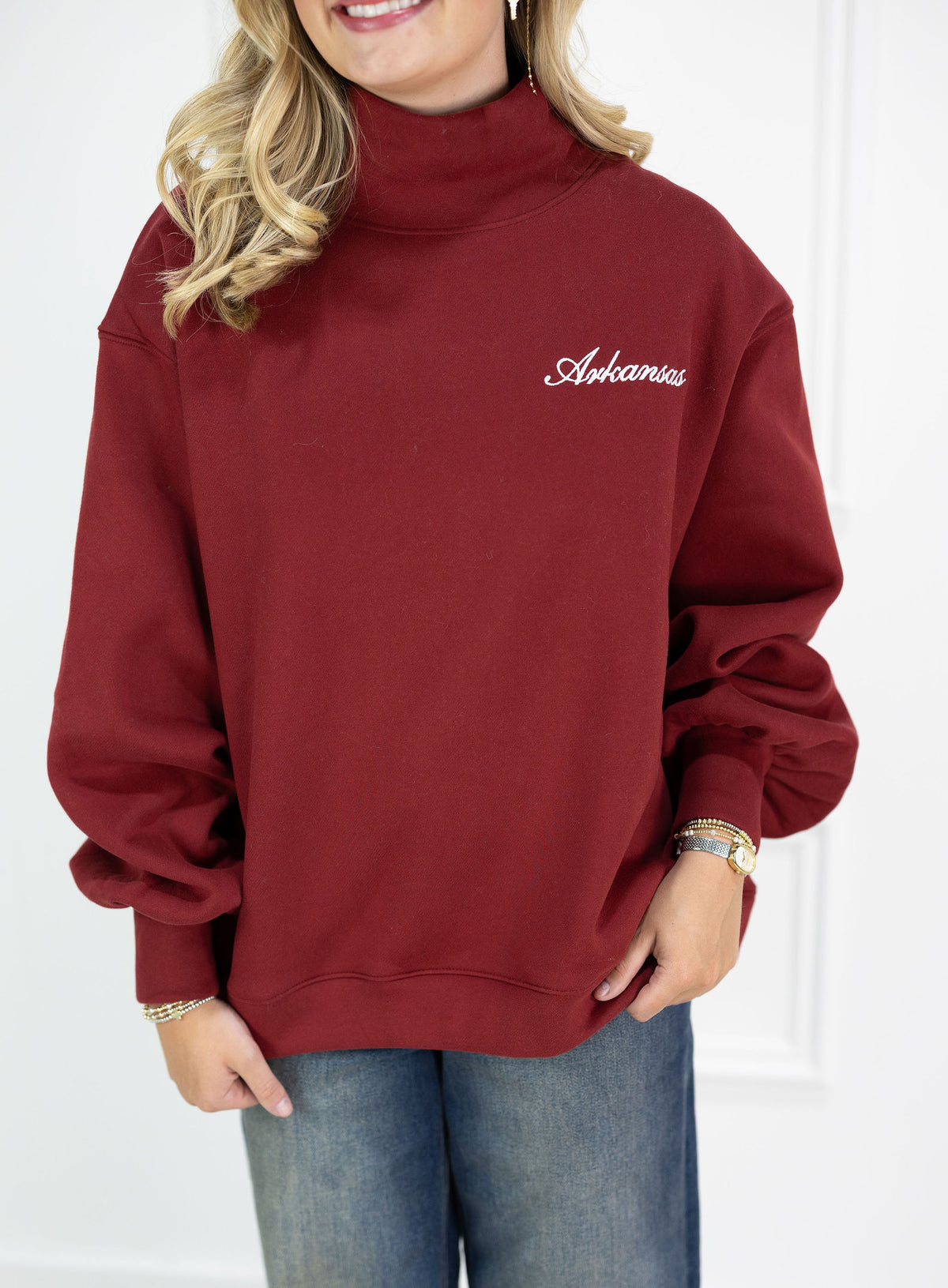 Arkansas Cursive Embroidered Mock Neck