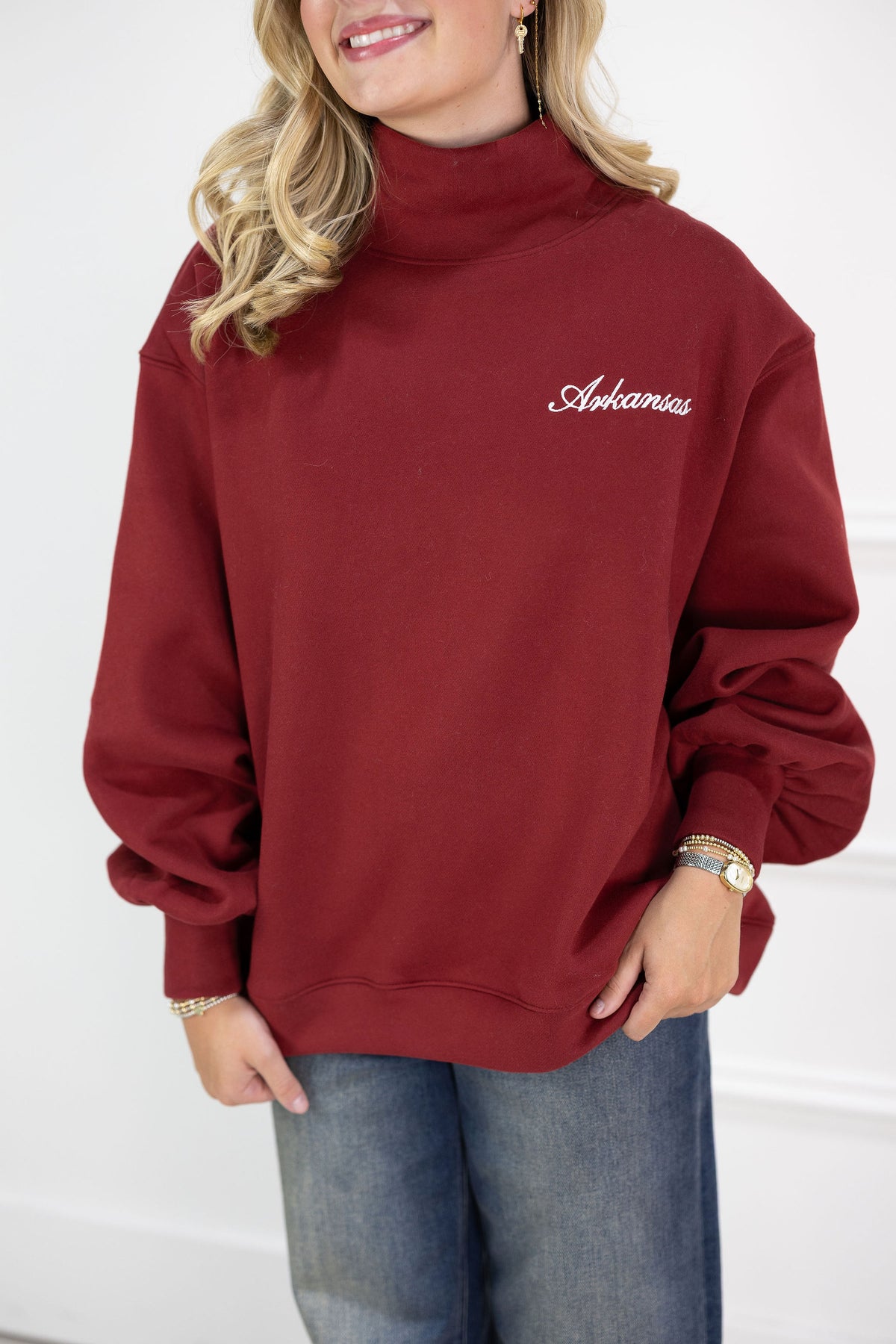 Arkansas Cursive Embroidered Mock Neck